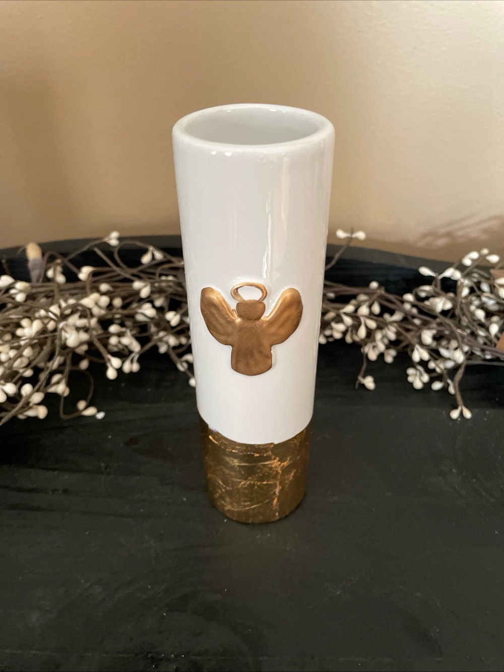 NWT Mud Pie White Ceramic Gold Painted Angel Bud Vase - 7”
